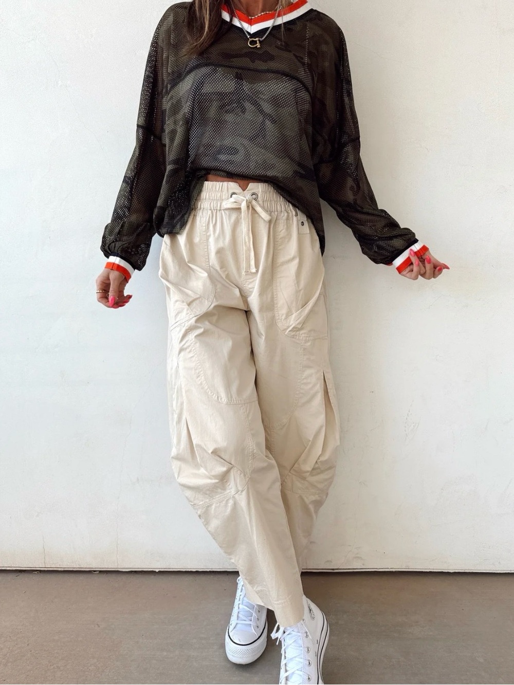 Wide Leg Drawstring Cargo Pants in Cream